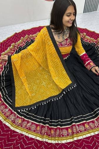 black thread sequin embroidered rayon navratri lehenga choli 
