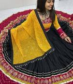 NAVRATRI WEAR BLACK RAYON THREAD SEQUINCE EMBROIDERED LEHENGA CHOLI DUPATTA FREE SIZE FULL-STITCHED.