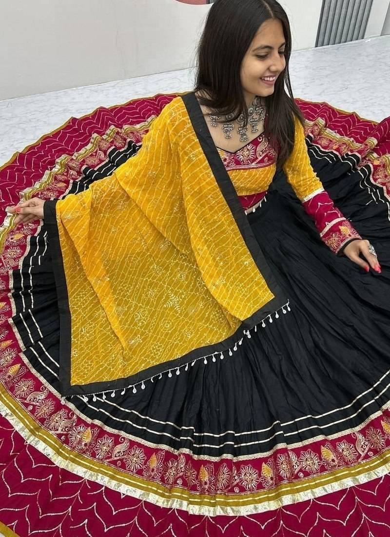 NAVRATRI WEAR BLACK RAYON THREAD SEQUINCE EMBROIDERED LEHENGA CHOLI DUPATTA FREE SIZE FULL-STITCHED.