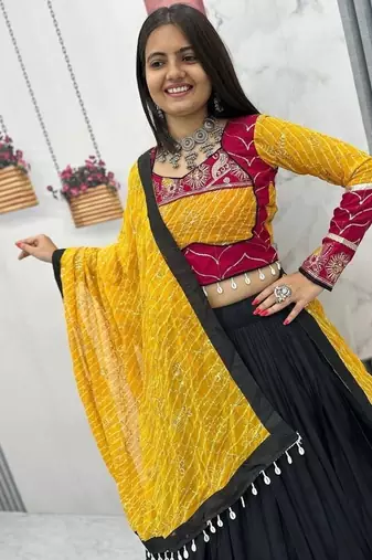 NAVRATRI WEAR BLACK RAYON THREAD SEQUINCE EMBROIDERED LEHENGA CHOLI DUPATTA 