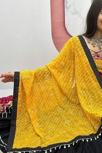 NAVRATRI WEAR BLACK RAYON THREAD SEQUINCE EMBROIDERED LEHENGA CHOLI DUPATTA 