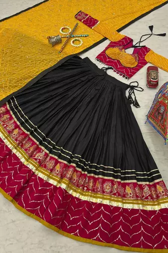 NAVRATRI WEAR BLACK RAYON THREAD SEQUINCE EMBROIDERED LEHENGA CHOLI DUPATTA 