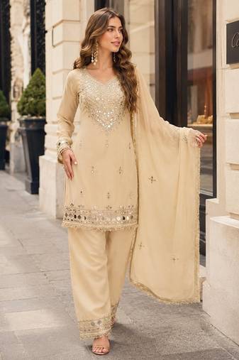 Off white vichitra silk suit with real mirror hand work