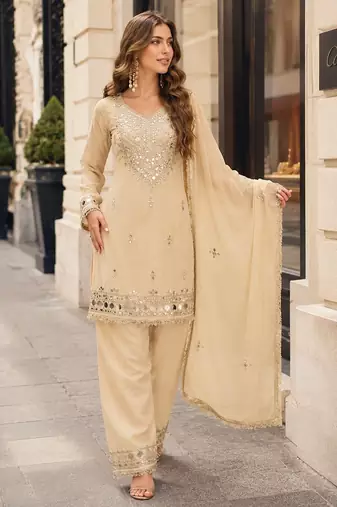 Off white vichitra silk suit with real mirror hand work
