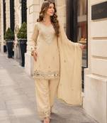 Off white vichitra silk readymade suit with real mirror hand work