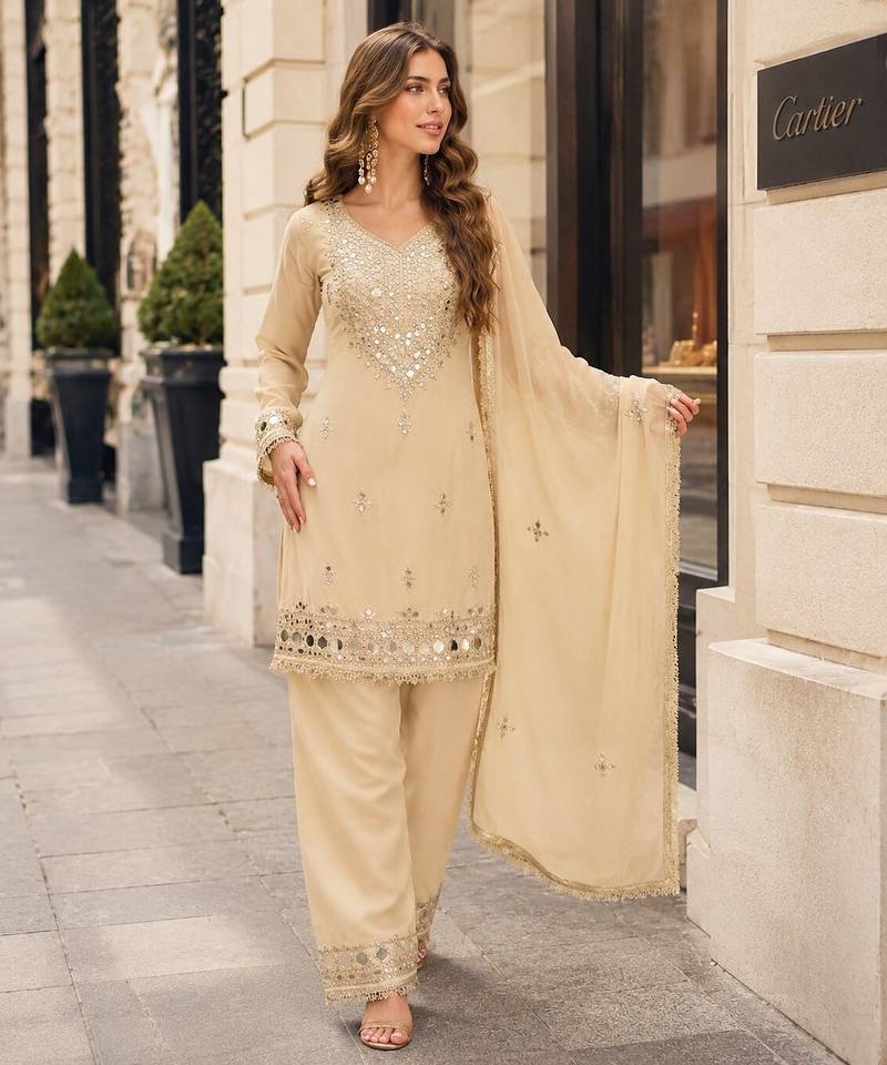 Off white vichitra silk readymade suit with real mirror hand work
