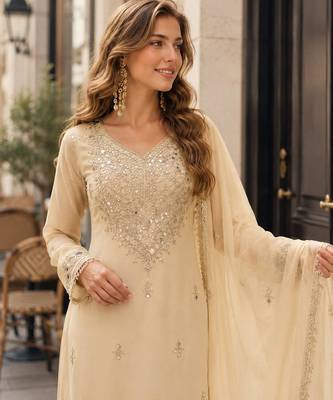 Off white vichitra silk suit with real mirror hand work 2