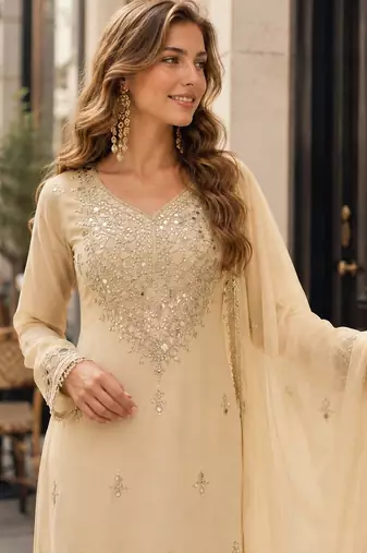 Off white vichitra silk suit with real mirror hand work