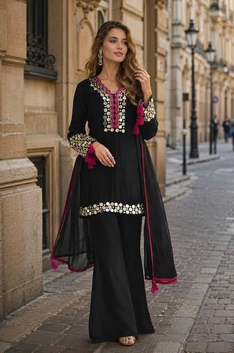 Black vichitra silk suit with thread embroidery work