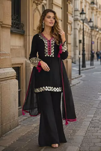 Black vichitra silk suit with thread embroidery work