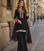 Black vichitra silk readymade suit with thread embroidery work