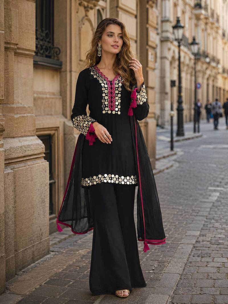 Black vichitra silk readymade suit with thread embroidery work