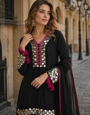 Black vichitra silk suit with thread embroidery work 2