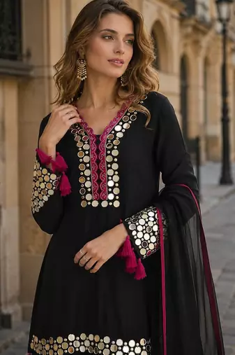 Black vichitra silk suit with thread embroidery work