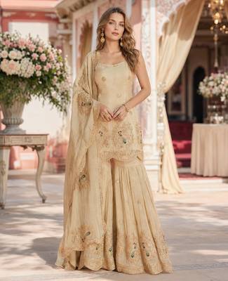 Beige vichitra silk suit with coding & embroidery work 1