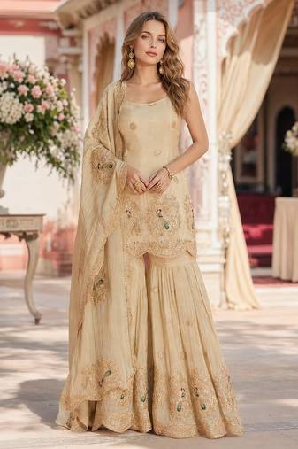 Beige vichitra silk suit with coding & embroidery work