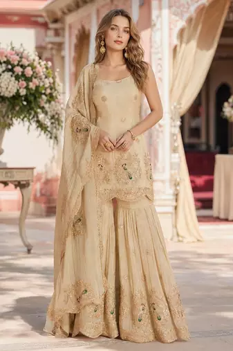 Beige vichitra silk suit with coding & embroidery work