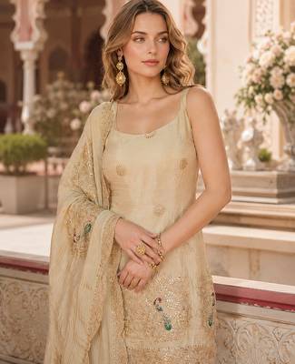 Beige vichitra silk suit with coding & embroidery work 2