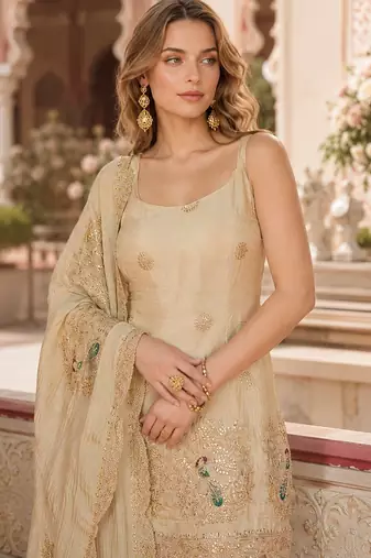 Beige vichitra silk suit with coding & embroidery work