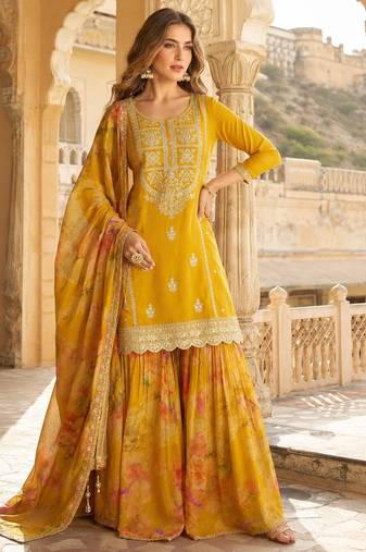 Mustard chinon suit with embroidery & coding work