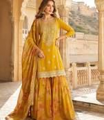 Mustard chinon readymade suit with embroidery & coding work
