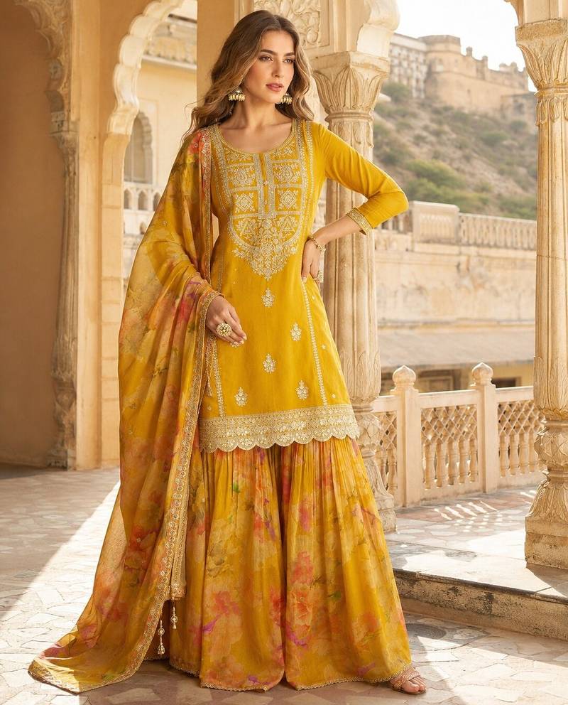 Mustard chinon readymade suit with embroidery & coding work