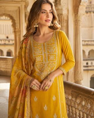 Mustard chinon suit with embroidery & coding work 2