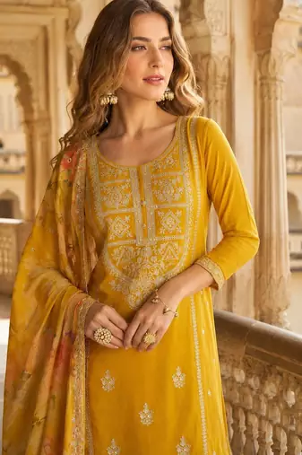 Mustard chinon suit with embroidery & coding work