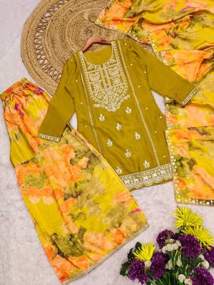 Mustard chinon suit with embroidery & coding work 3