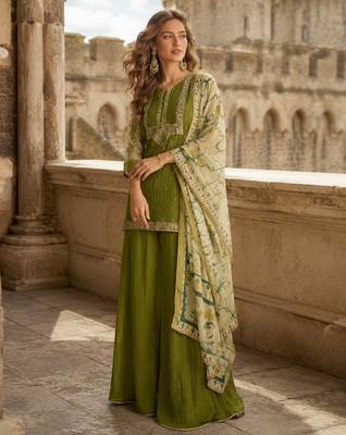 Green chinon suit with embroidery & sequin work 1