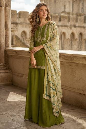 Green chinon suit with embroidery & sequin work