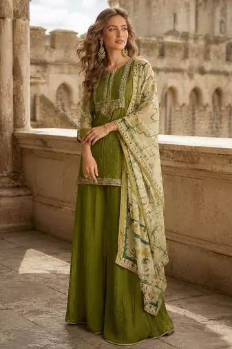 Green chinon suit with embroidery & sequin work