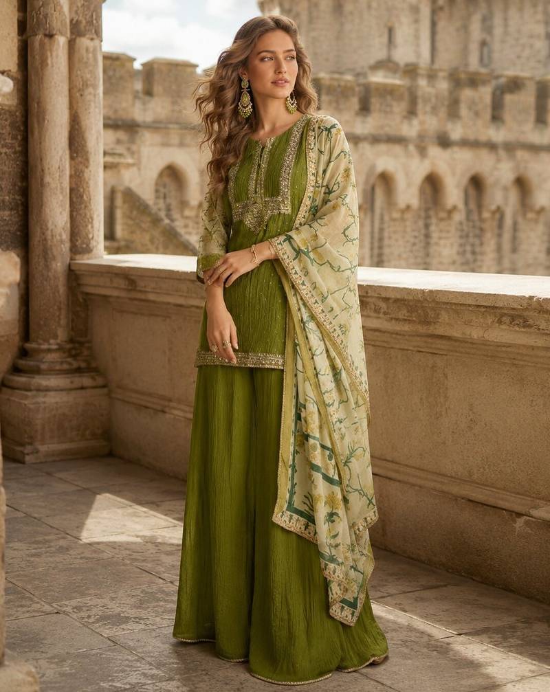 Green chinon readymade suit with embroidery & sequence work