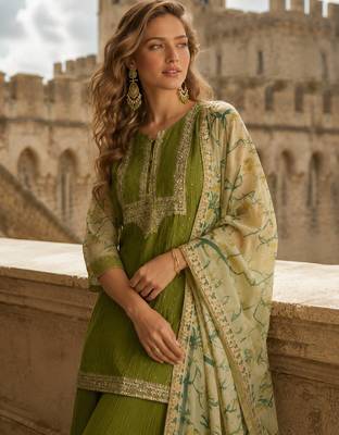 Green chinon suit with embroidery & sequin work 2