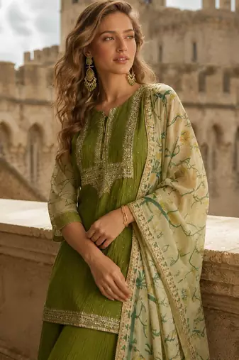 Green chinon suit with embroidery & sequin work