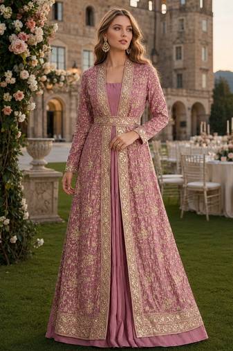 Pink chinon anarkali suit with embroidery & sequin work