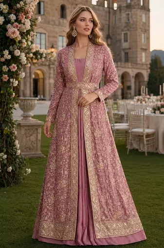 Pink chinon anarkali suit with embroidery & sequin work