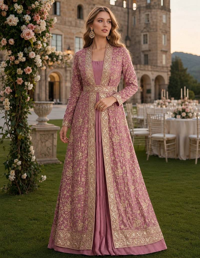 Pink chinon anarkali readymade suit with embroidery & sequence work