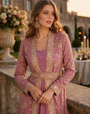Pink chinon anarkali suit with embroidery & sequin work 2