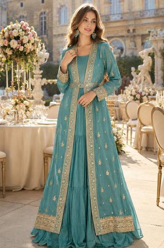 Blue chinon anarkali suit with embroidery & sequin work