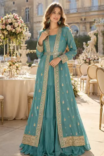 Blue chinon anarkali suit with embroidery & sequin work