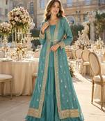 Blue chinon anarkali readymade suit with embroidery & sequence work