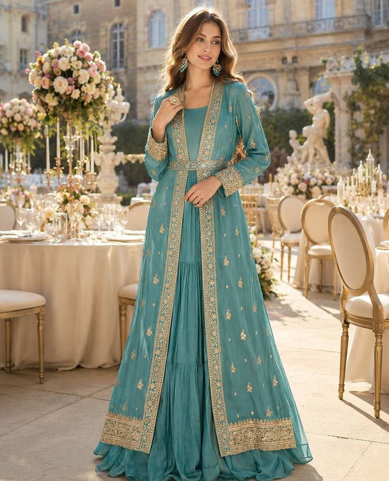 Blue chinon anarkali readymade suit with embroidery & sequence work