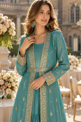 Blue chinon anarkali suit with embroidery & sequin work