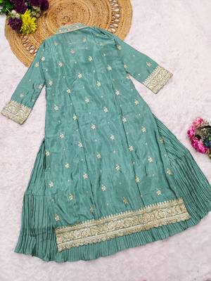 Blue chinon anarkali suit with embroidery & sequin work 4
