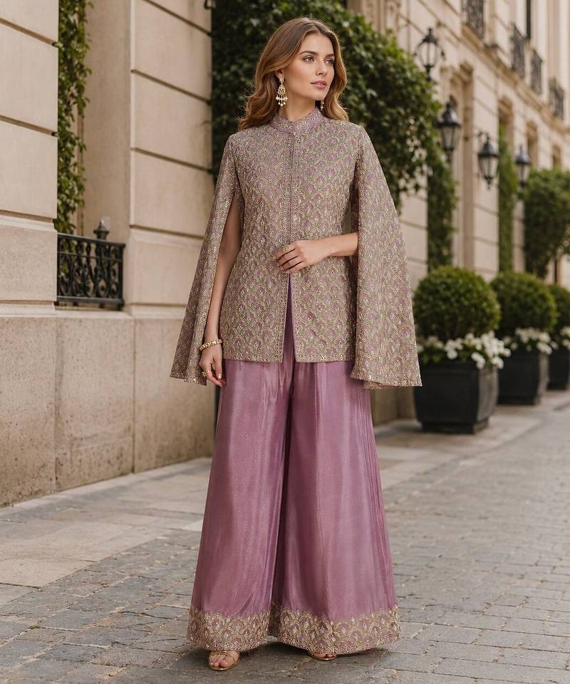 Lavender chinon readymade 2 piece set with embroidery thread work