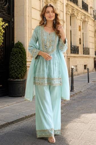 Sky blue silk suit with real mirror hand work