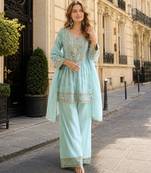 Sky blue silk readymade suit with real mirror hand work