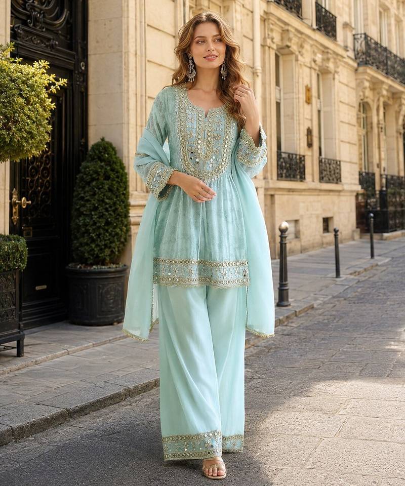 Sky blue silk readymade suit with real mirror hand work