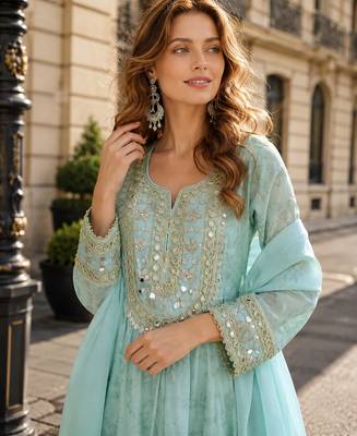 Sky blue silk suit with real mirror hand work 2
